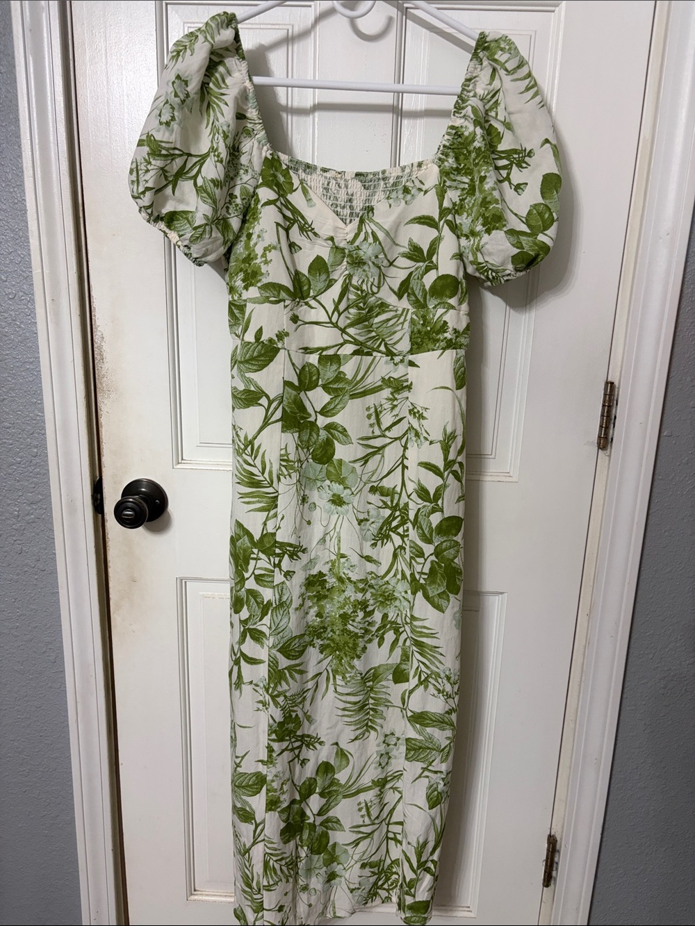White Maxi Dress with Green Botanical Print and Puff Sleeves